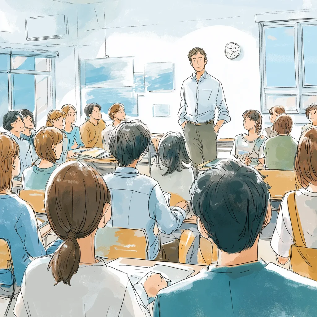 多くの学生に講義をする先生